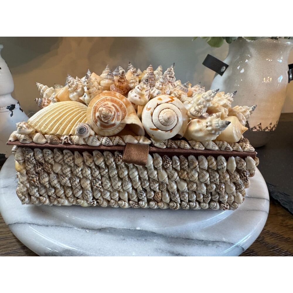 Vintage seashell trinket box; large shells on top; must see coastal cottagecore